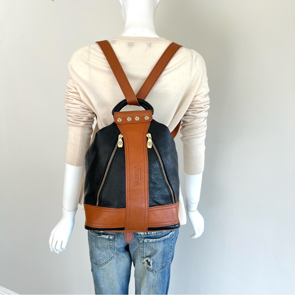VALENTINA Carrano Black Tan Pebbled Leather Convertible Shoulder Sling Backpack